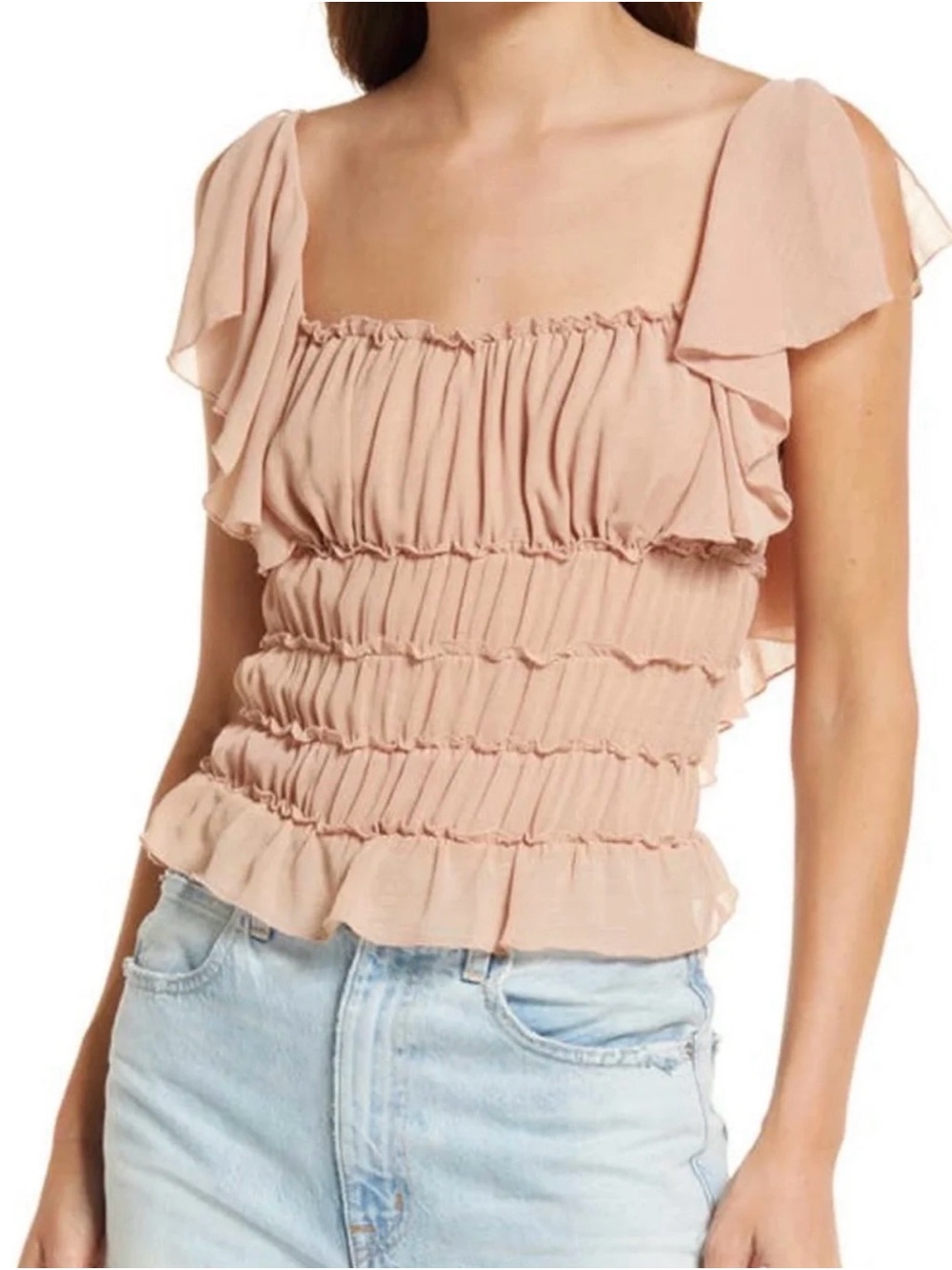 Free People Blush Smocked Ruffle Square-Neck Bodysuit Top